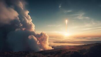 The mountain peak glows with yellow flame at dusk generated by AI photo