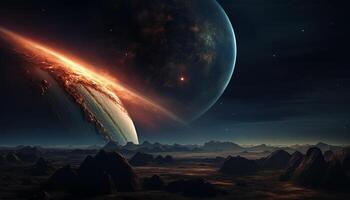 Spaceship orbits planet in majestic star field, glowing with futuristic technology generated by AI photo