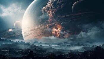 Majestic mountain range orbits planet in tranquil galaxy adventure generated by AI photo