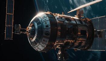 Futuristic spaceship propels through galaxy, powered by modern technology generated by AI photo