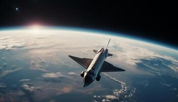 Commercial airplane taking off into the blue stratosphere, powered by technology generated by AI photo