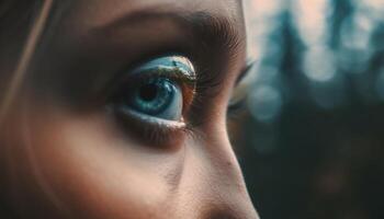 azul ojos joven mujer curioso al aire libre, selectivo atención en primer plano generado por ai foto