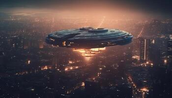 Futuristic spaceship illuminates dark city skyline in digitally generated image generated by AI photo