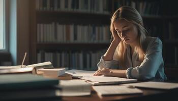 Tired young woman leaning on desk, frustrated with homework problems generated by AI photo