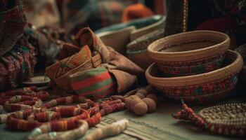 florido cerámica y textiles adornar el indígena arte Tienda colección generado por ai foto