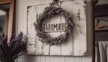 Rustic wreath hanging on old fashioned door, a homemade decoration generated by AI photo