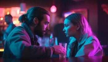 Young adults enjoy nightlife at a cheerful city bar together generated by AI photo