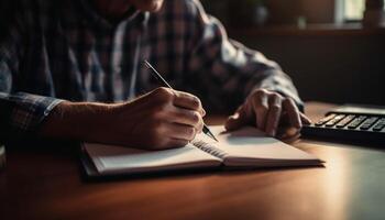 One Caucasian businessman sitting at desk studying book with pen generated by AI photo