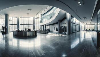 The futuristic office lobby boasts clean, modern architecture and steel generated by AI photo