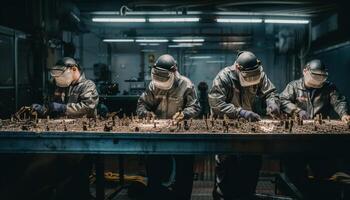 Skilled metal workers in protective gear repair machinery with expertise generated by AI photo