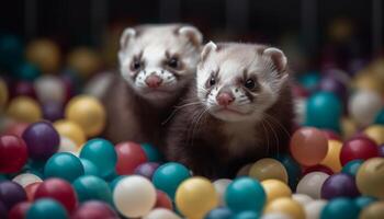 Cute newborn ferret playing with yellow toy in studio shot generated by AI photo