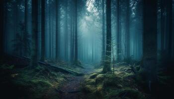 A spooky forest scene with mystery and beauty in nature generated by AI photo