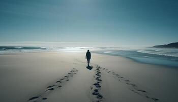 A lone silhouette stands at waters edge, enjoying solitude generated by AI photo