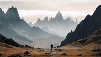 uno persona excursionismo montaña cima, explorador extremo terreno, espalda iluminado generado por ai foto