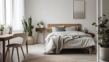 Elegant modern bedroom with comfortable bedding and clean design generated by AI photo