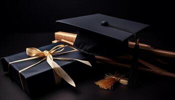 éxito logrado diploma, certificado, y gorra en mano generado por ai foto