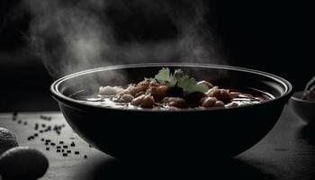 Steaming hot bowl of organic vegetable stew with fresh cilantro generated by AI photo