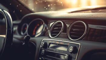 Luxury sports car chrome gearshift knob shines in the rain generated by AI photo