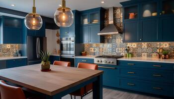 Modern luxury kitchen with elegant design, bright lighting and marble flooring generated by AI photo