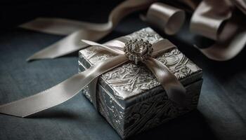 A shiny gift box wrapped in elegant silk for celebration generated by AI photo