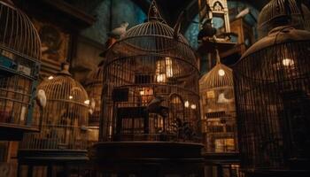 An antique birdcage illuminated by an old lantern indoors generated by AI photo
