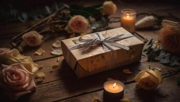 A rustic wooden box wrapped in paper holds candlelit romance generated by AI photo