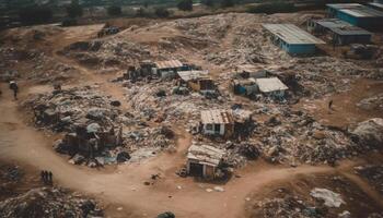 High angle view shows polluted African garbage dump with dangerous bulldozer generated by AI photo