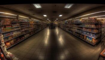 Inside the convenience store, a large abundance of fresh groceries generated by AI photo