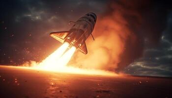 Futuristic spaceship taking off into the galaxy, leaving fiery smoke generated by AI photo