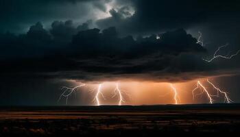 Dramatic sky, forked lightning, danger nature electricity unleashed outdoors generated by AI photo