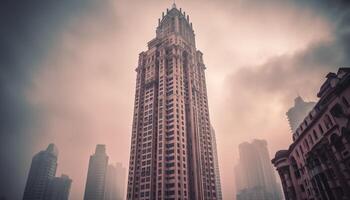 The monochrome skyscraper facade illuminated by dramatic twilight sky generated by AI photo