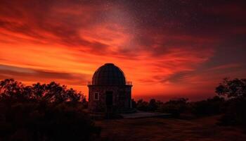 abandonado antiguo ruina espalda iluminado por naranja atardecer, tranquilo belleza generado por ai foto