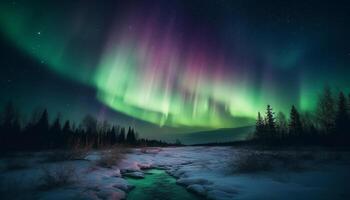 Majestic mountain range illuminated by glowing aurora polaris at night generated by AI photo