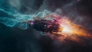 Futuristic spaceship orbits glowing nebula in deep galaxy adventure generated by AI photo