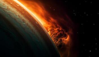 Vibrant yellow flame illuminates abstract fantasy landscape orbiting planet generated by AI photo