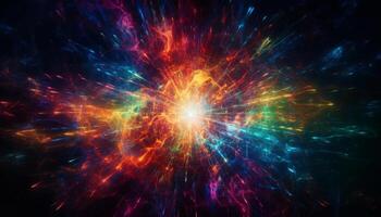 Futuristic galaxy explodes in vibrant colors, illuminating dark space generated by AI photo