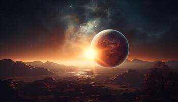 Sunrise over majestic mountain range, orbiting sphere in futuristic illustration generated by AI photo