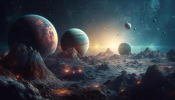 Spaceship orbiting planet in a galaxy of glowing nebulae generated by AI photo