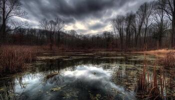 tranquilo escena de otoño bosque, reflejando en pacífico estanque generado por ai foto