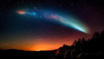 majestuoso montaña pico iluminado por multi de colores puesta de sol y estrella sendero generado por ai foto