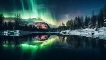Majestic mountain range illuminated by aurora polaris, a tranquil scene generated by AI photo