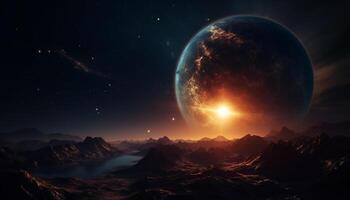 Spaceship orbits planet in glowing galaxy, a futuristic adventure landscape generated by AI photo