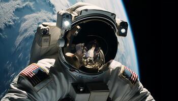 The futuristic astronaut, armed with photographic equipment, surveys the planet generated by AI photo