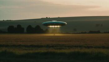 Futuristic spaceship glows in dark nebula, powered by alien technology generated by AI photo