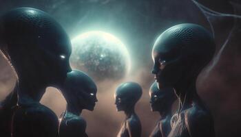 futurista cyborg hombres explorar espacio con extraterrestre animal compañeros generado por ai foto