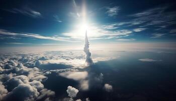 High up in the stratosphere, a plane flies above heaven generated by AI photo