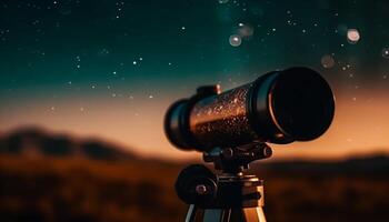 fotógrafo capturas lechoso camino con mano retenida telescopio y trípode generado por ai foto