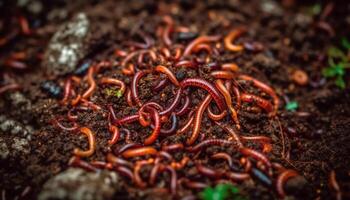 Poisonous caterpillar crawls on leaf, surrounded by multi colored group generated by AI photo