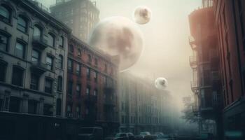 Futuristic skyscraper glows in the night, a sphere levitates nearby generated by AI photo