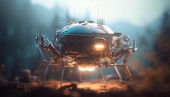 Futuristic robotic spaceship flies through galaxy, powered by advanced technology generated by AI photo